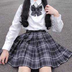 [Smoky Gray] Girls Long/Short Sleeve High Waist Pleated Skirts Plaid Skirts Women Dress For JK School Uniform Students Clothes A