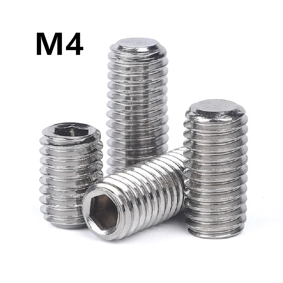 100PCS M4x3/4/5/6/8/10/12/16mm DIN913 GB77 Stainless Steel Thread Grub Screws Flat Point Hexagon Socket Set Screws Headless