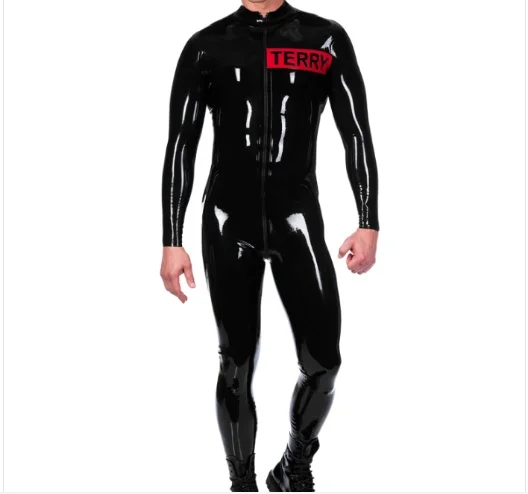 

100% Latex Rubber Schwarz&Red Catsuit Kostüm Anzug Suit Front zipper 0.45mm XS-XXL