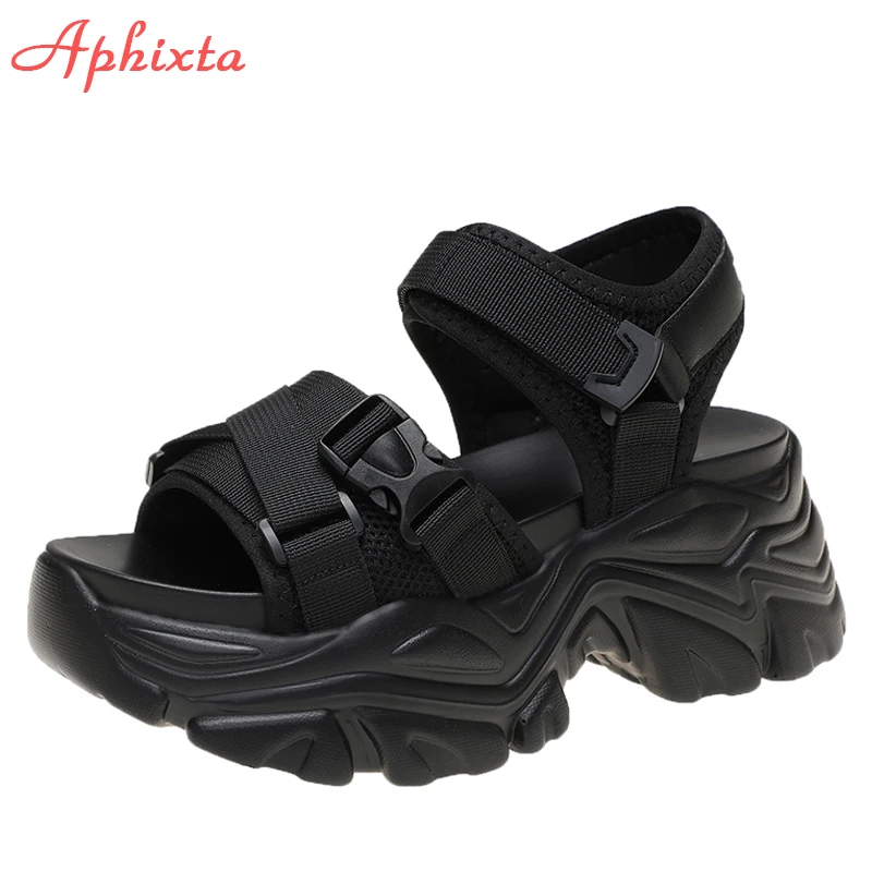 Aphixta New Buckle Height Increaming Canvas Platfom Sandals Women 3.15 Inch Wedge Heel Shoes Hook & Loop Thick Bottom Slides