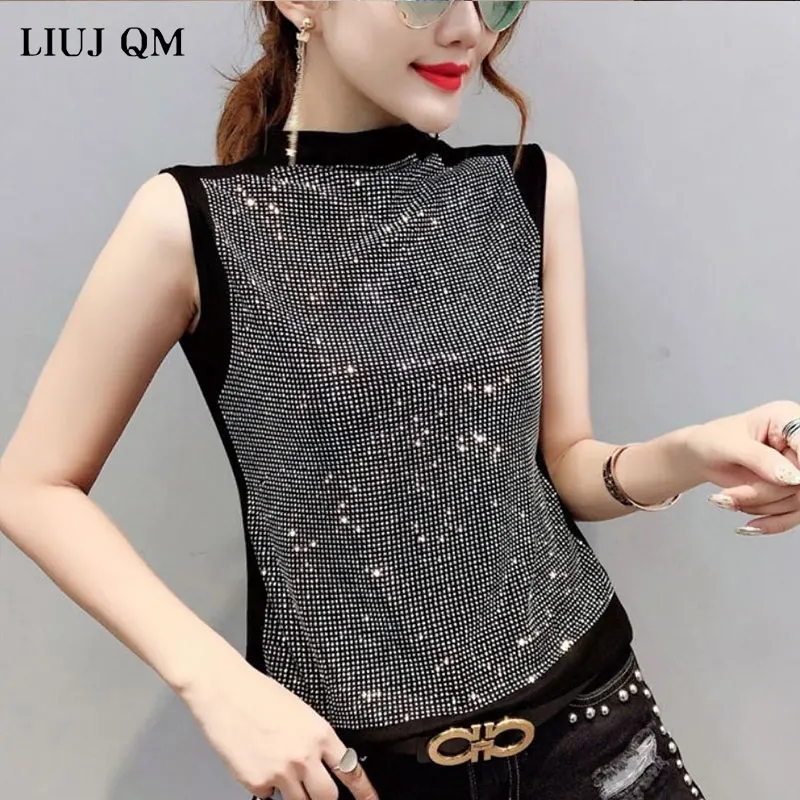 2024 New Summer Casual Loose Korean Clothes Harajuku Diamonds T-shirt Women Cotton Fashion Sleeveless Tops Ropa Mujer Shirt Tees