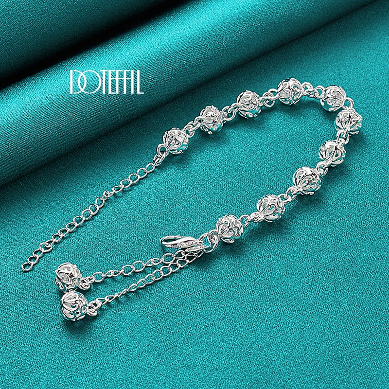 DOTEFFIL 925 Sterling Silver 8mm Hollow Ball Chain Bracelet For Women Wedding Engagement Party Fashion Jewelry