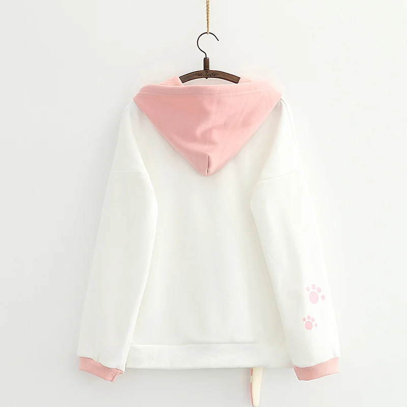 Kawaii Anime Women Pink Hoodies Teens Winter Fleece Warm Soft Girl Cute Cat Tail White Hooded Sweatshirt Female Pullover 2020