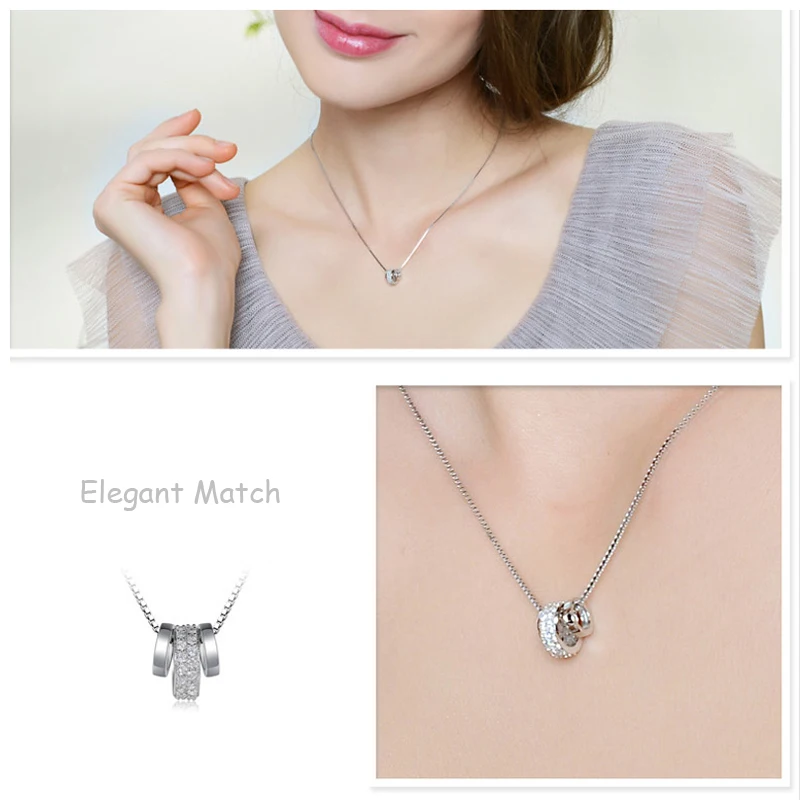 New Fashion Three Rotatable Round CZ Pendant Neckalces 925 Sterling Silver Lovely Rhinestone Circle Necklace Women Jewelry Gift