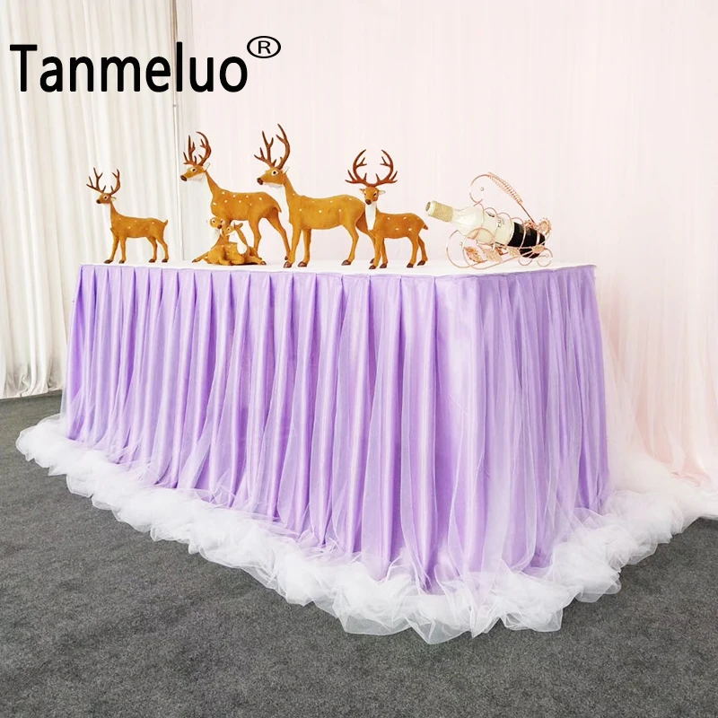 

Tulle Ice Silk Table Skirting for Event Birthday Party Puddle Length Extra Long Floating Two Tone Table Skirt Wedding Decoration