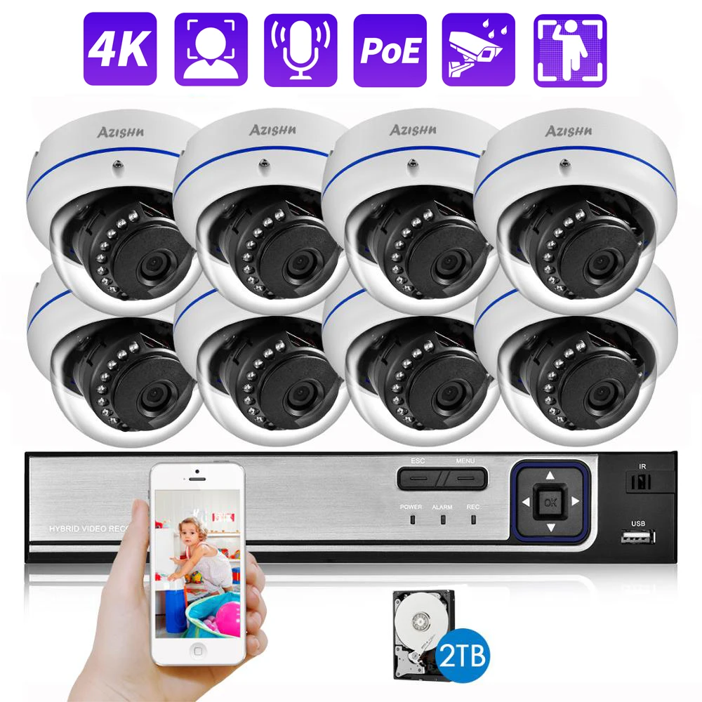 Vandalproof 4K 8MP Security Camera System H.265 POE NVR Kit CCTV Dome IP Camera Face Detect Audio Record Video Surveillance Set