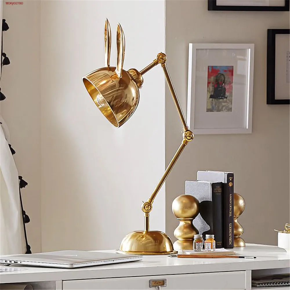 American Industrial Gold Metal Rabbit Led Table Lamp For Office Study Bedroom Vintage Loft Decor Long Arm Standing Light Fixture