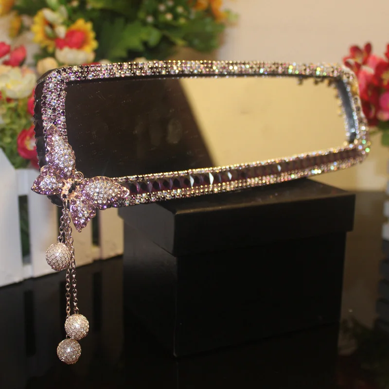 Tassels Crystal Car Interior Rearview Mirror Bling Rhinestones Butterfly Car Mirror Decoration for Girls Lady Auto Accessories
