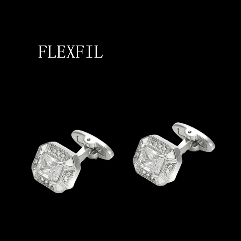 FLEXFIL Jewelry french shirt cufflink for mens Brand Cuffs link Button Square white crystal High Quality Wedding gemelos