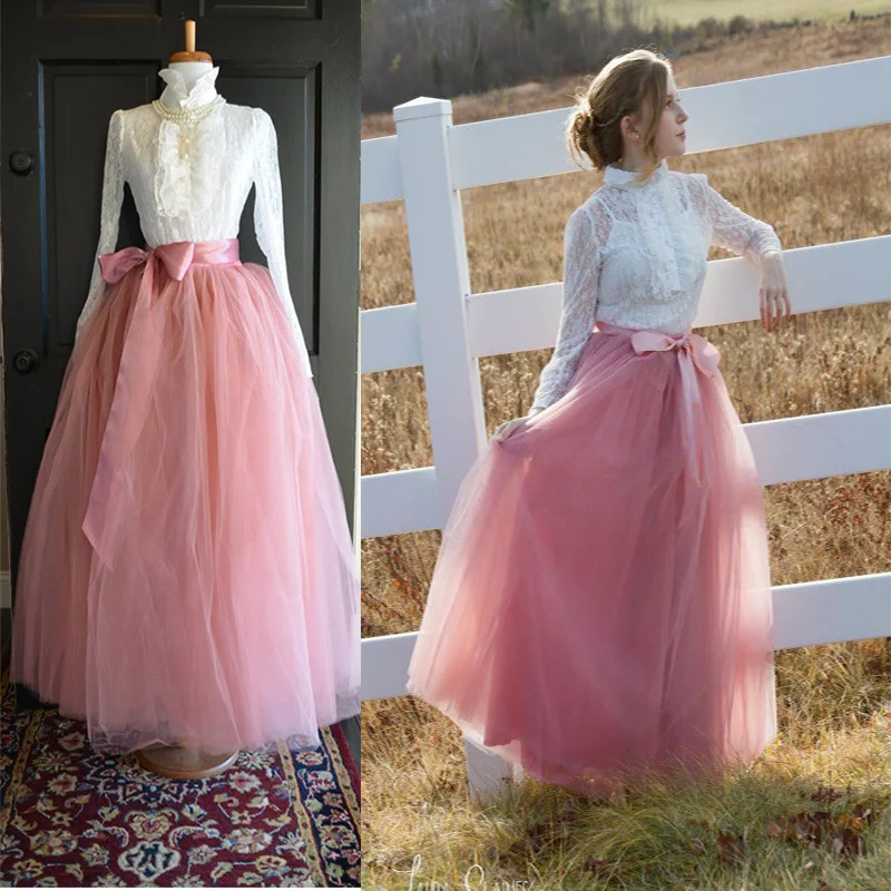 7 Layers 100cm Long Tulle Skirts Women Floor-Length Pleated Skirt Fashion Wedding Bridal Bridesmaid Skirt Faldas Jupe Saias