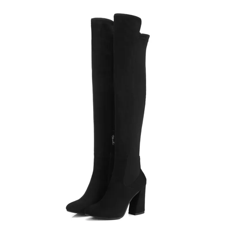 

Women Over The Knee Boots Lace Up Sexy High Heels Flock Leather Autumn Woman Shoes Winter Women Boots