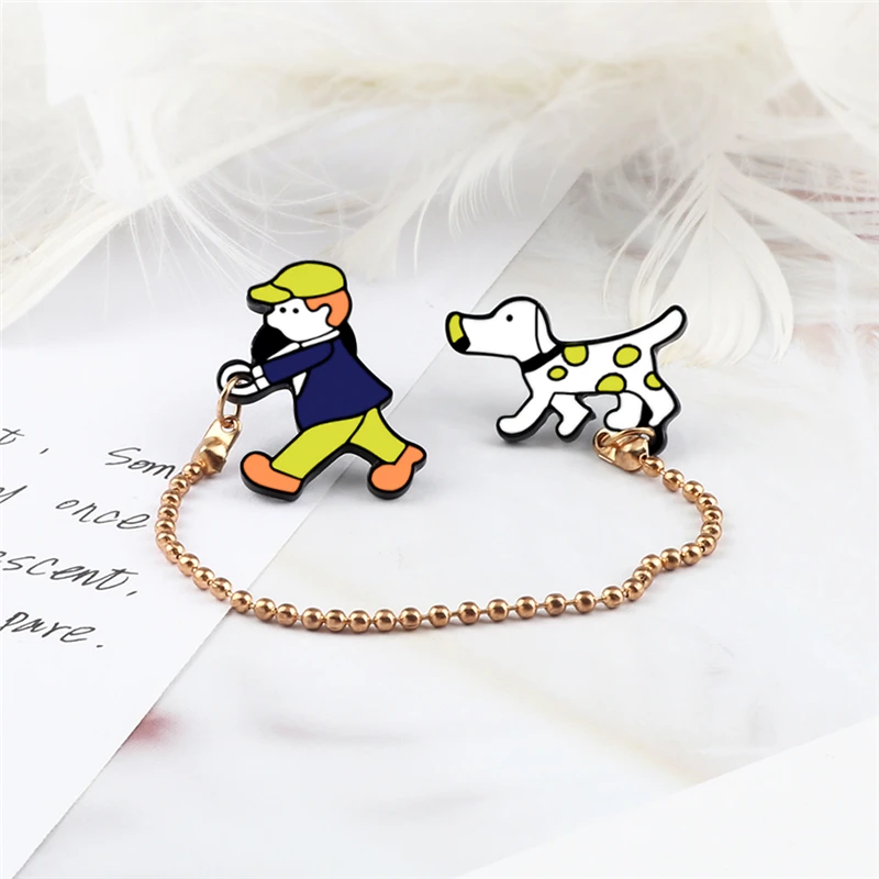 Funny Cartoon Brooch Animal Dogs Chain Pin boy walk the dog Badge Custom Metal Jewelry Backpack Denim Lapel Pins Gift for Friend