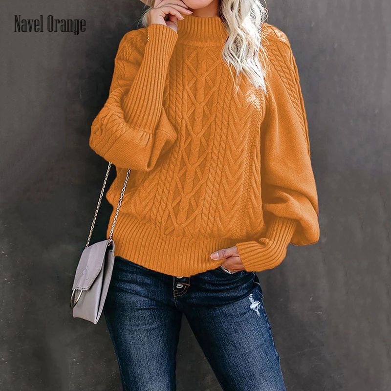 New Women Half High Collar Lantern Sleeve Casual Sweaters Spring Autumn Solid Loose Pullover Top Elegant Streetwear Dropshipping