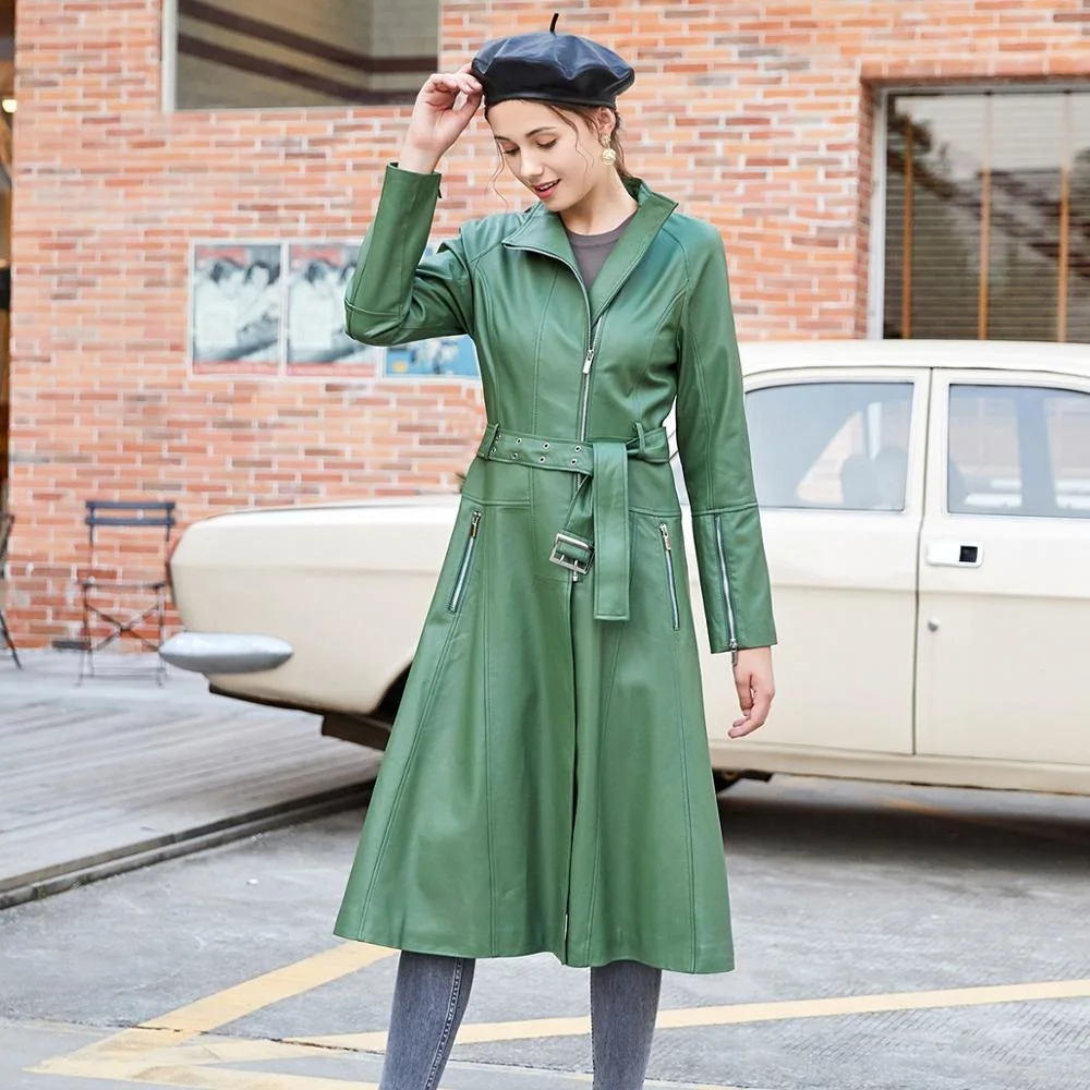 Genuine Leather Long Jacket Women Real Sheepskin Trench Coat Belt Luxury Brand Autumn Winter Office Ladies Elegant Coat Dress