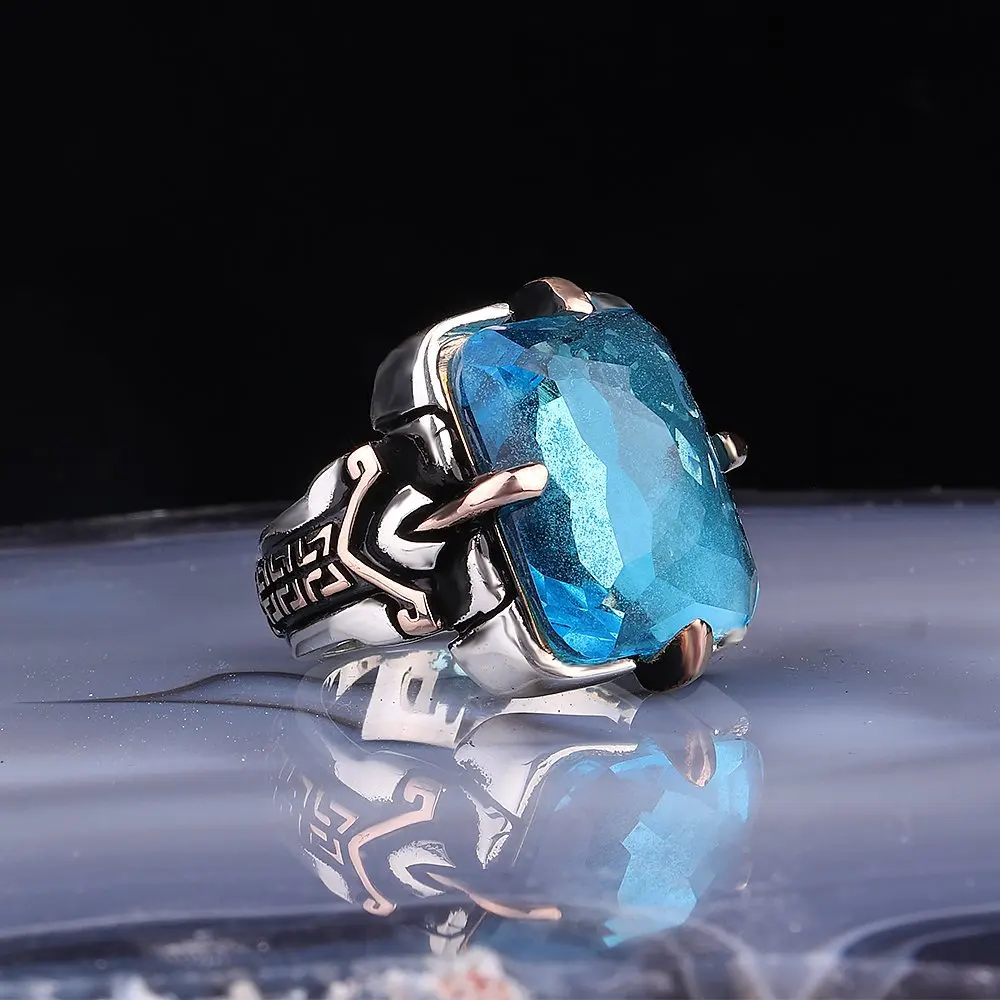 

925K Real Sterling Silver Ring Aquamarine Gemstone Handmade Gift For Him Vintage Style Exclusive Design Fine Jewelry Dropshippin