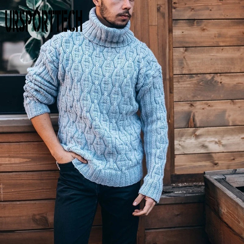 URSPORTTECH autunno inverno nuovi Mens maglione dolcevita Pullover ago diamante ritorto fiore lana grossa maglioni lavorati a maglia