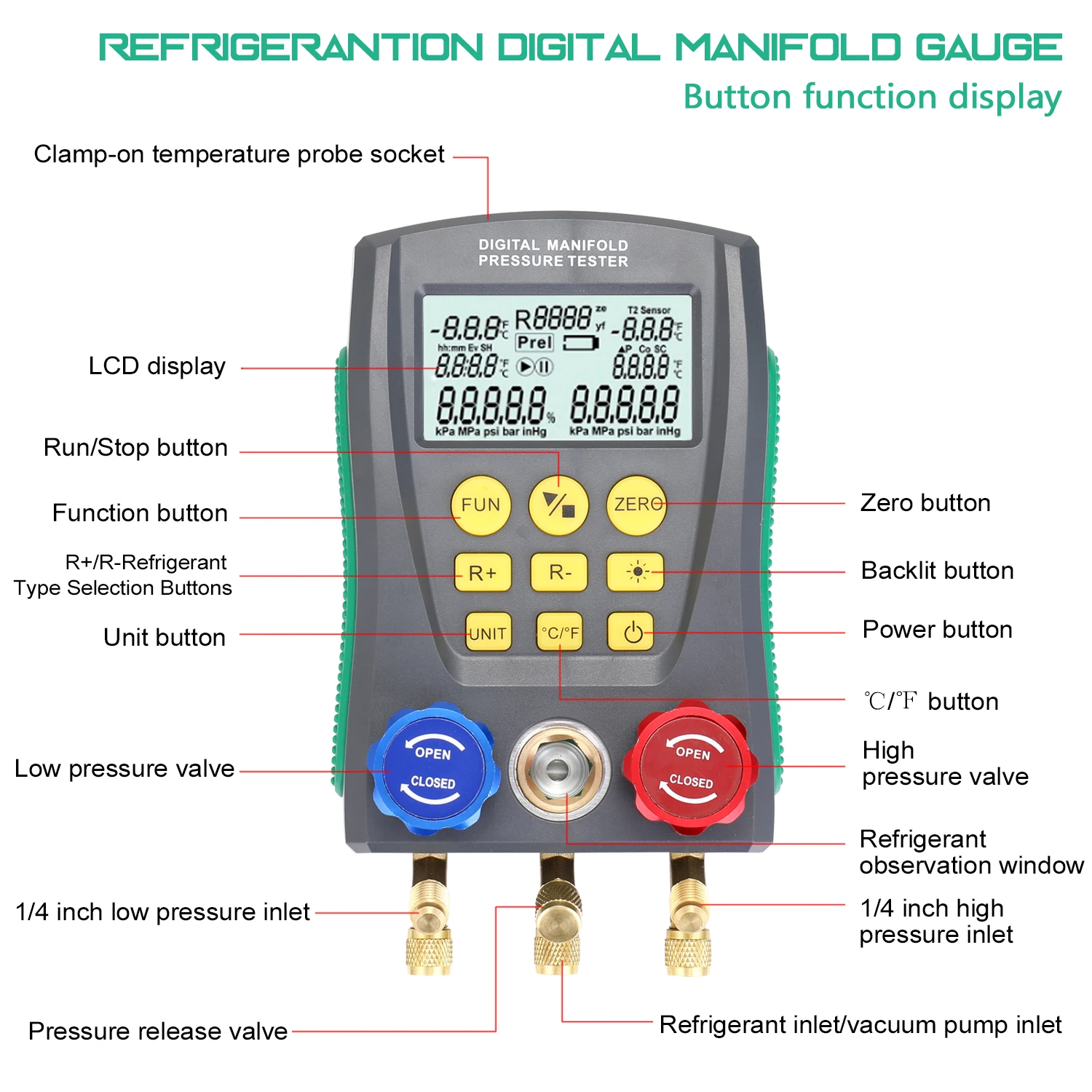 Pressure Gauge Refrigeration Digital Vacuum Pressure Manifold Tester Meter HVAC Temperature Tester Digital Manifold Gauge Meter