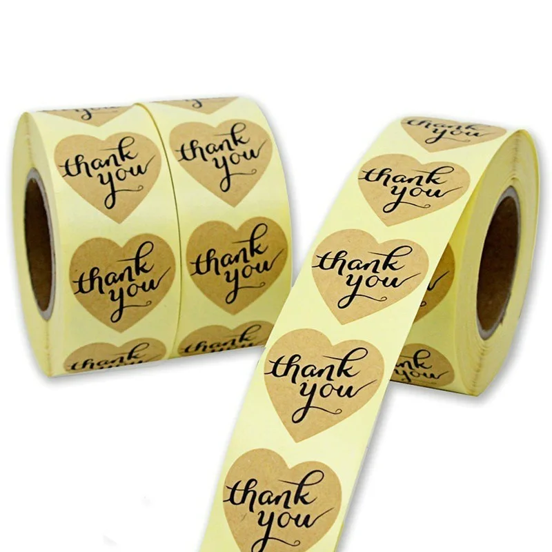 Heart Kraft Paper Thank You Sticker Golden Appreciation Seal Labels Tags Per Roll Adhesive Stickers for Envelope and Bag