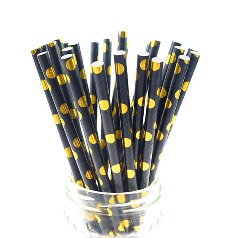 100 Pcs Black Gold Foil Polka Dot Paper Straws,Metallic Wedding New Year Graduation Bachelorette Party Bar Coffee Drinking Straw