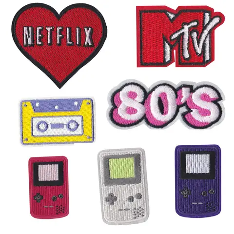 Parches Termoadhesivos Bordados con Motivos Retro de TV, Cintas y Consolas de Videojuegos para Ropa, DIY, Rayas y Pegatinas