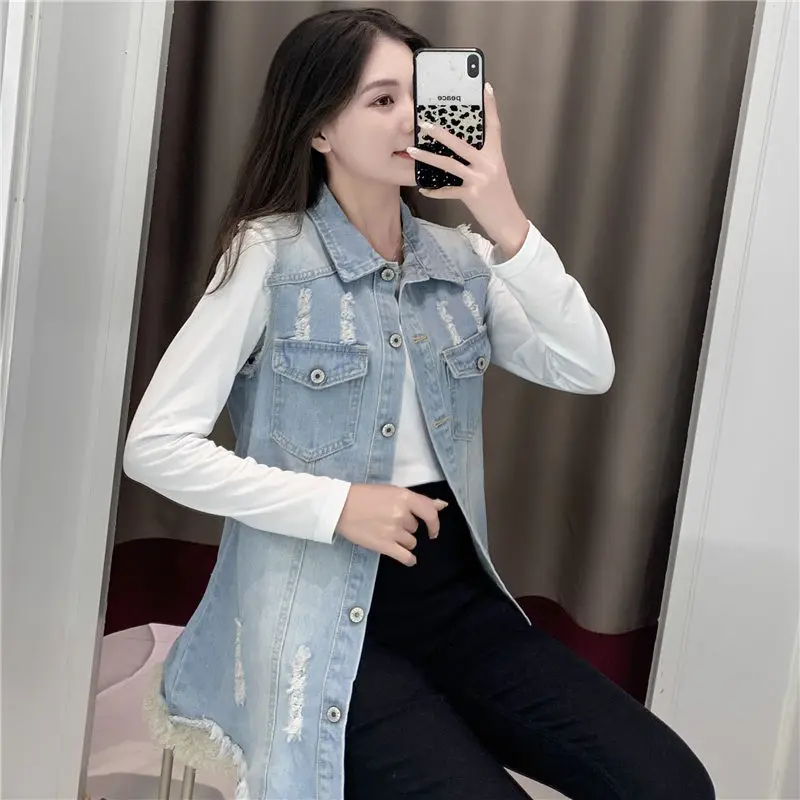 S-6XL Women Denim Vest Sleeveless Ripped Single-Breasted Waistcoat Spring Autumn Casual Midi-Length Jean Vest Coat