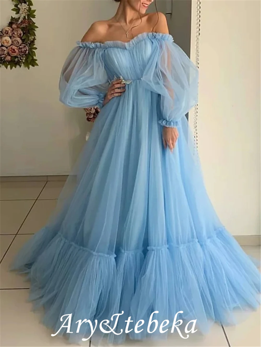 A-Line Minimalistischen Elegante Engagement Prom Kleid Off Schulter Lange Ärmel Bodenlangen Tüll mit Falten Appliques 2021