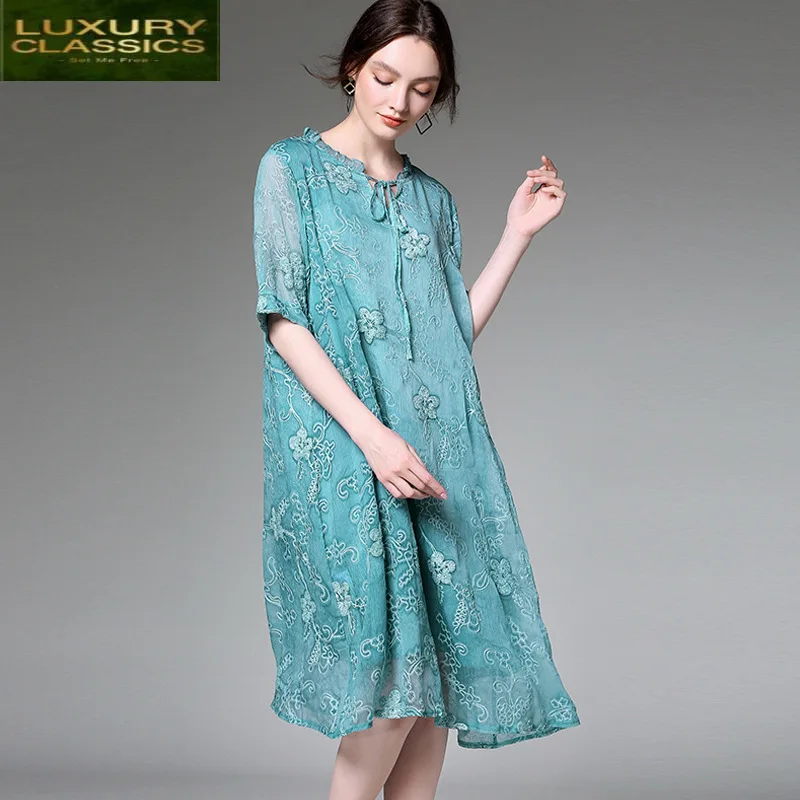 Dress Plus Size Summer Women Spring Clothes 2021 Korean Vintage Embroidery Vestidos Elegant Ladies Pink Blue Dresses 7335