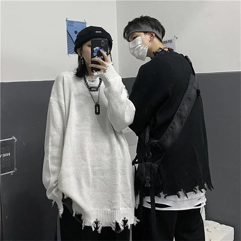 Hip Hop Sweater Couple Fashion Streetwear Vintage Hole Long Sleeve Solid Korean Jumpers Black Casual New Oversized Knit Sweater