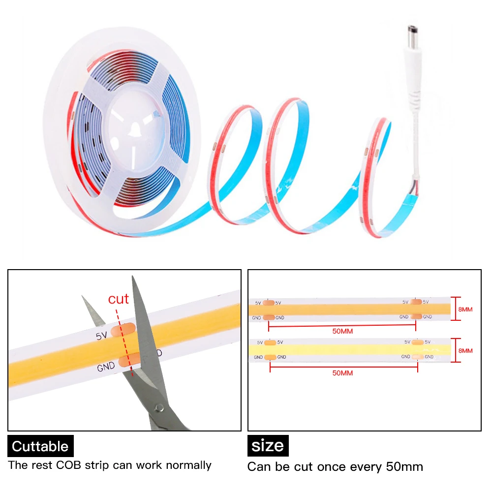 5V COB LED Strip Light PIR Motion Sensor FOB LED Tape 320Leds/m High Density COB Flexible Rope Lights Lamp USB Battery Powered