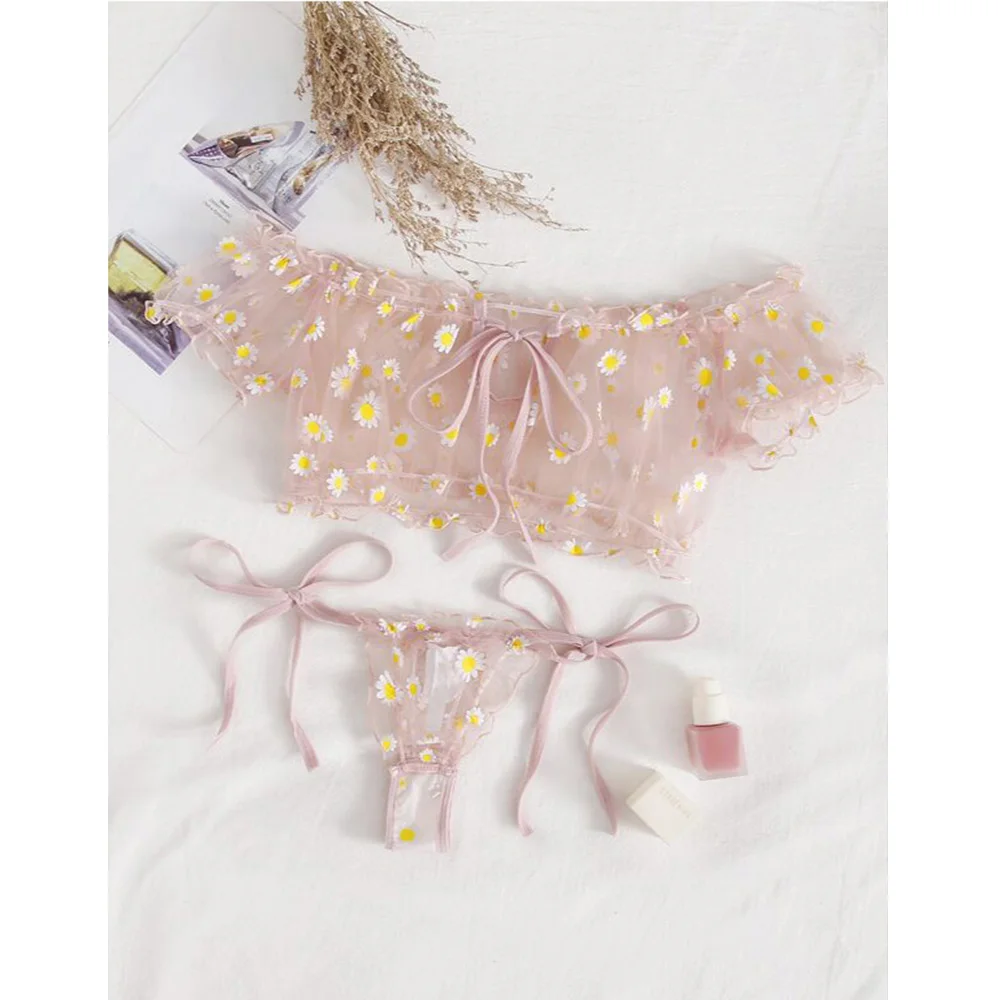 Sexy renda transparente lingerie arco erótico feminino impresso sutiã sem alças tanga conjunto lenceria pijamas roupa interior calcinha sem costura