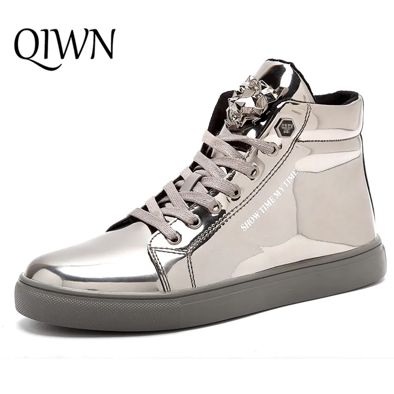 Spring New Stylish High Top Men Sneakers Silver Luxury Designer Men Skateboard Shoes Club Bar Glitter Men Shoes Mirror Sneakers