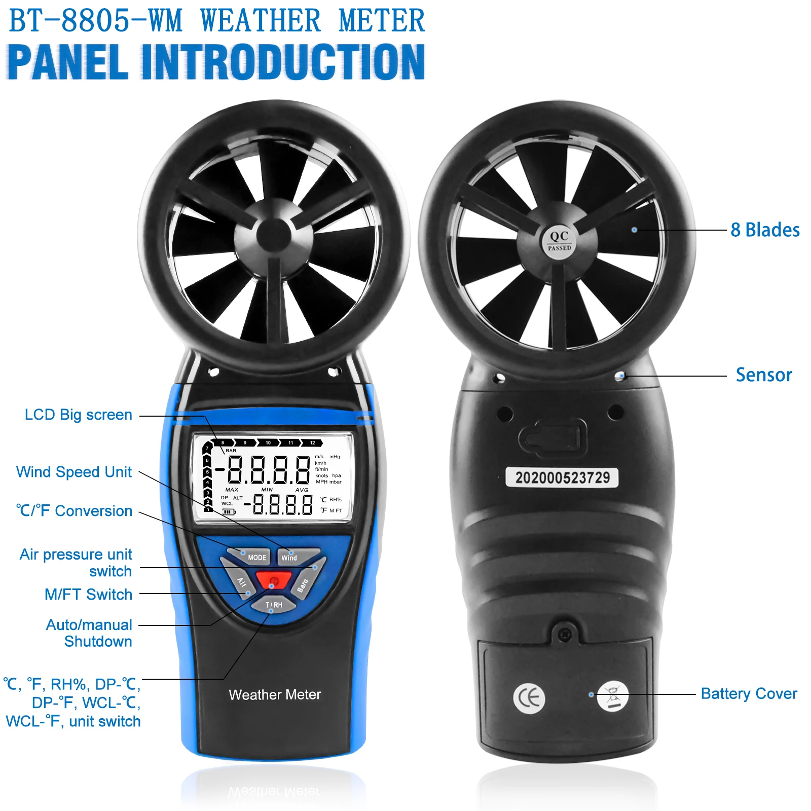 Digital Anemometer Wind Speed Gauge Meter Barometer Air Flow Velocity Measuring Altitude,Barometric Pressure for HVAC CFM Drone