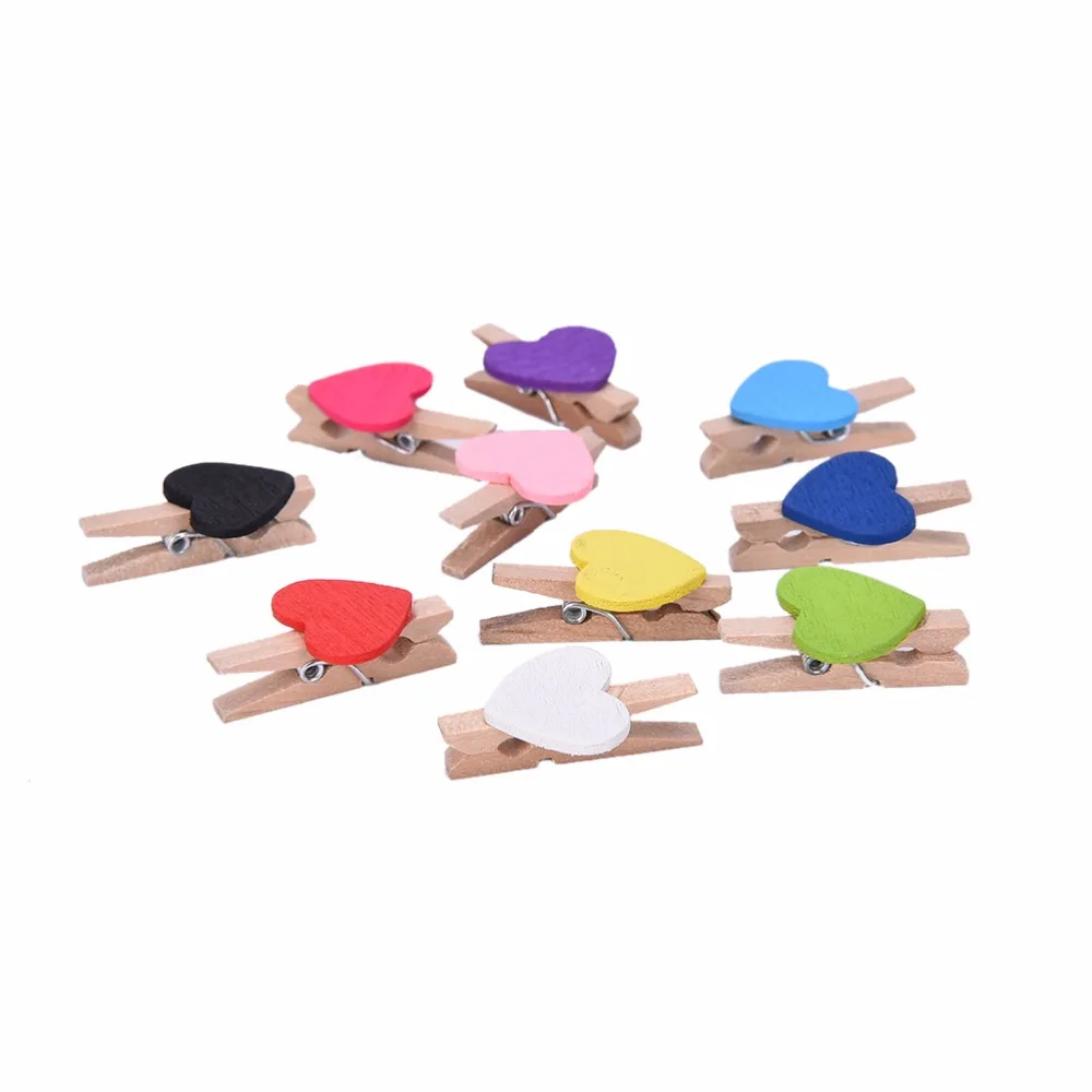 Cute Multicolor Love Heart Spring Wood Clip Photo Clips For Clothespin Craft Clips Party Decoration Clip Hemp Rope 10 Pcs/lot