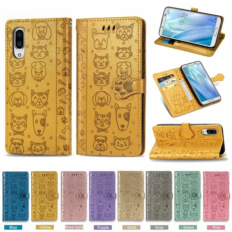 10Pcs Leather Wallet Flip Phone Cover Cartoon Dog and Cat Patten TPU Case for Sharp Aquos R5G Sense 3 4 Lite Simple Sumaho 5