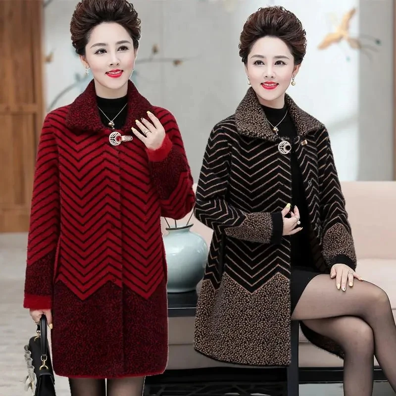 Female Middle-aged Elderly 2021 Autumn Winter New Thick Coat Women\'s Mid-length Western Style Loose Mink Fleece Jacket Women C39