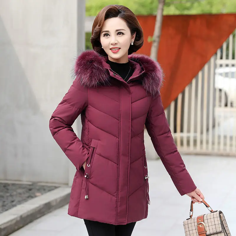 Middle Aged Female Down Cotton Jacket New Fashion Hooded Thick Warm Mid-length Outerwear Women Parkas Coat 5XL W2194