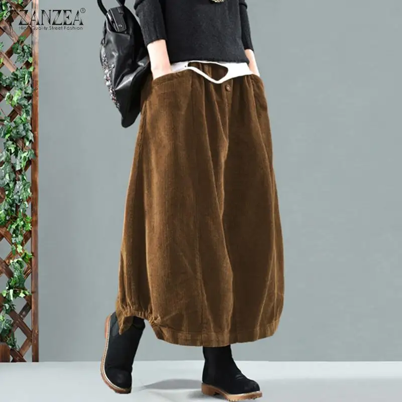 Kaftan Corduroy Skirts 2023 Women Autumn Sundress ZANZEA Casual Elastic Waist Maxi Vestidos Female Solid Robe Femme Faldas Saia