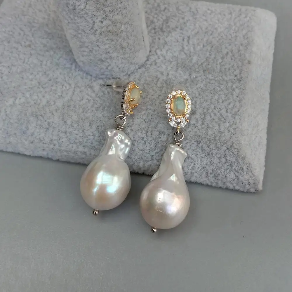 Y.YING Freshwater Cultured White Keshi Pearl Natural Opal Stud Dangle Earrings