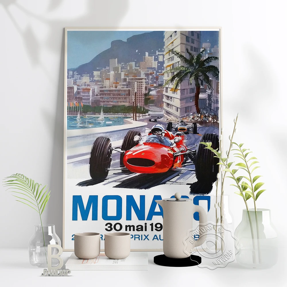 Póster de arte Retro del Gran Premio de Monaco, pintura en lienzo de carreras Rojas, colección de aficionados a los coches antiguos, imagen de pared, regalo para decoración del hogar, 1965