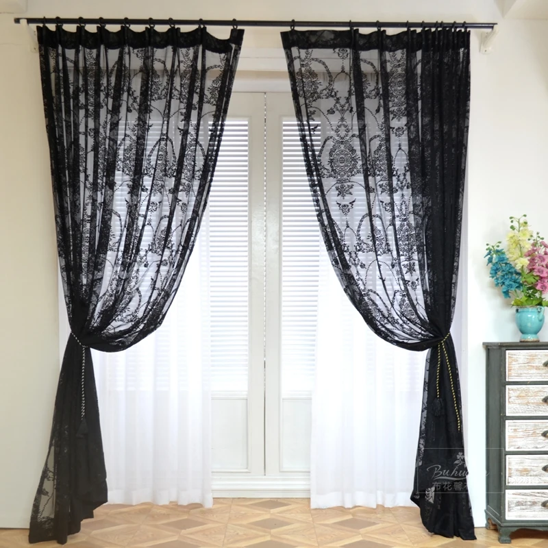 European Solid Black Sheer Curtains for Bedroom Living Room Premium Black Lace Curtain Drapes Home Decoration Background Fabrics