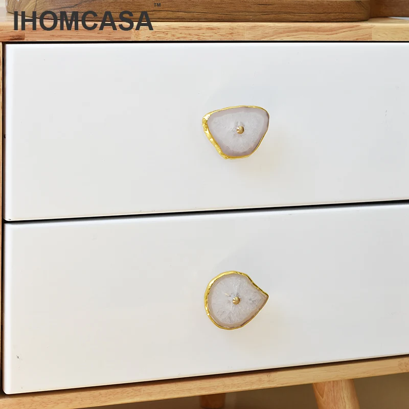 IHOMCASA Luxurious Brass Crystal Furniture Door Handles Wardrobe Cupboard Cabinet Knob Drawer Pull Natural Agate Stone Nordic