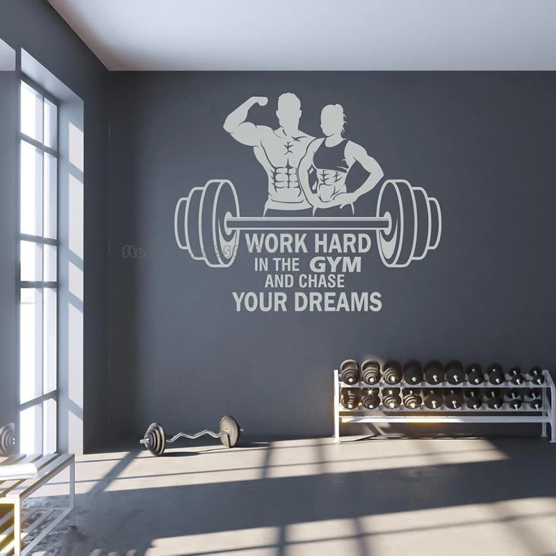 Motivational Gym Wall Decal Work Hard In The Gym and Chase Your Dreams Phrase Vinyl Wall Stickers Dumbbell Pattern Decor LL2653