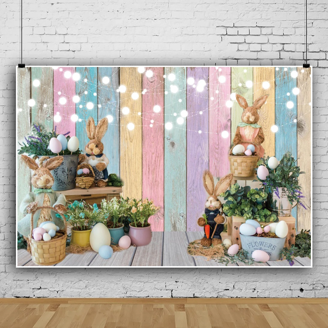 Happy Easter Day Spring Flowers Basket Eggs Rabbit Wood Board Planks Baby Child Photo Backgrounds Photography Backdrops Photo