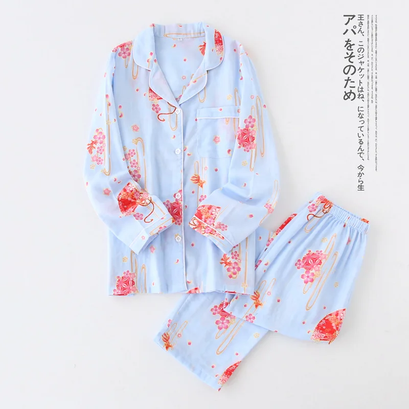 Japanese Sweet Style Women Spring Cotton Gauze Leisure Pajamas 2 Piece Set Long Sleeve Pajama Home Clothing Lounge Sleepwear