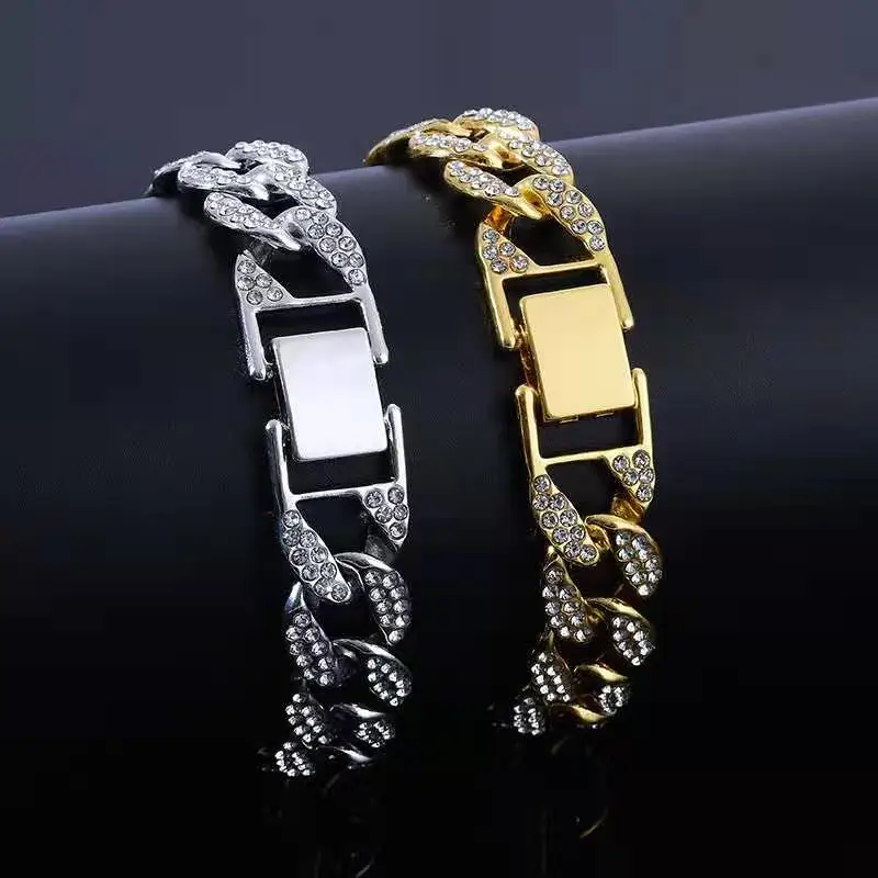 

Iced Out Cuban Chain Bracelet for Men Charm Gold Platde Chain Hip Hop Rapper Bling Jewelry for Mens Couple Gifts