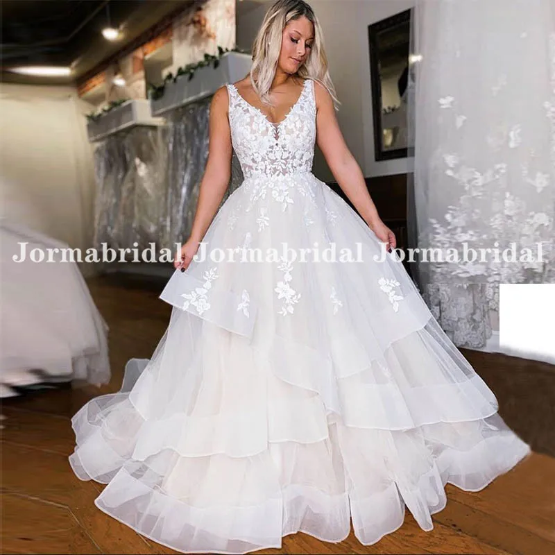 2021 Tiered Ballkleid Brautkleider Tiefem V-ausschnitt Illusion Floral Appliques Tüll Braut Kleid Frauen Robe De Soiree De Mariage