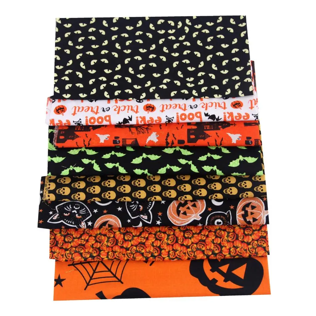 8Pcs Pumpkin Cat Owls Skull Fabric 25cm Printed Halloween Decorative 100% Cotton for Home Upholstery Halloween Theme Decoration