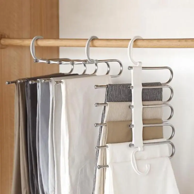 Multifunções Stainless Steel Pant Rack, Organizador De Roupas, Cabide De Calças, Prateleiras Do Armário, Armazenamento Mágico, 5 em 1