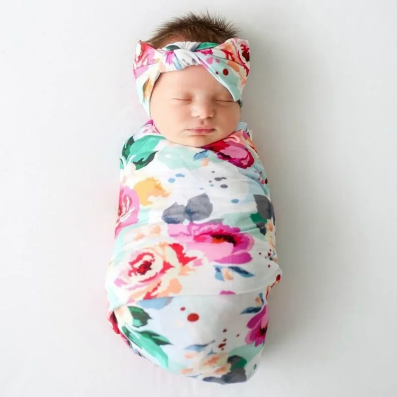 Baby Swaddle Blanket Newborn Baby Floral Swaddle Blanket Girl Boys Hat Receiving Blanket Infant Swaddle Wrap Headband 3pcs/set