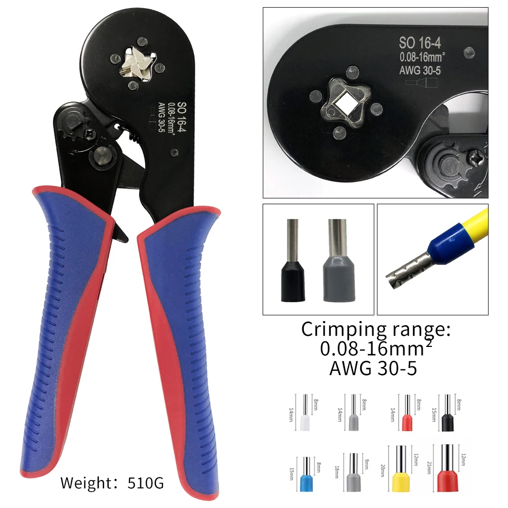 

SO 16- 4 Crimping Pliers Terminal Crimper Tools 0.08 -16mm² 30 - 5AWG quadrilateral Crimping Of High Carbon Steel Jaw